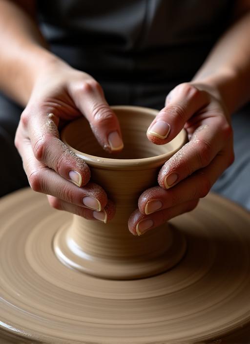 Close-up of a potter's hands shaping clay on a wheel.
