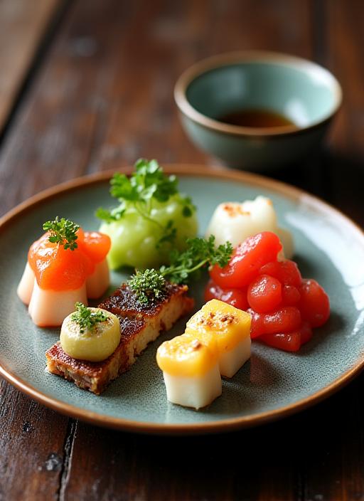 A beautifully arranged plate of various small Japanese dishes, showcasing colorful ingredients.