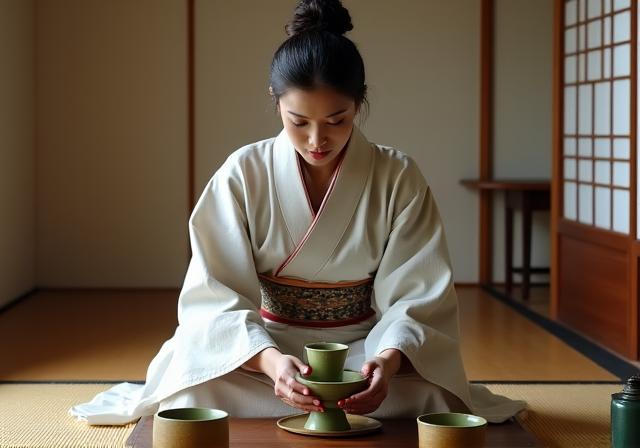 A tea master in a kimono performing a traditional Japanese tea ceremony.