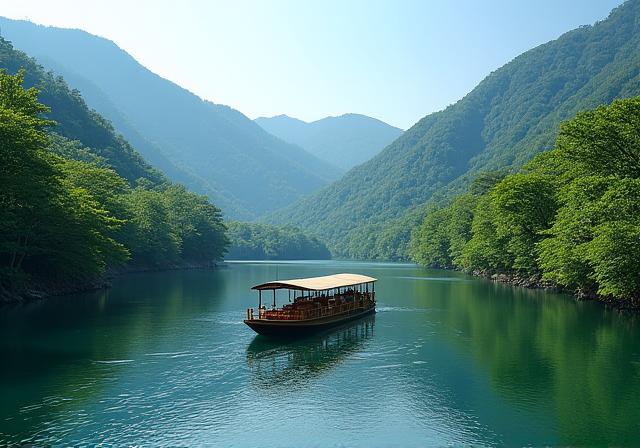 A traditional wooden boat on the Hozugawa River in Arashiyama.