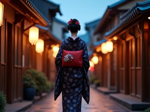 A geisha walking through the Gion district at twilight.