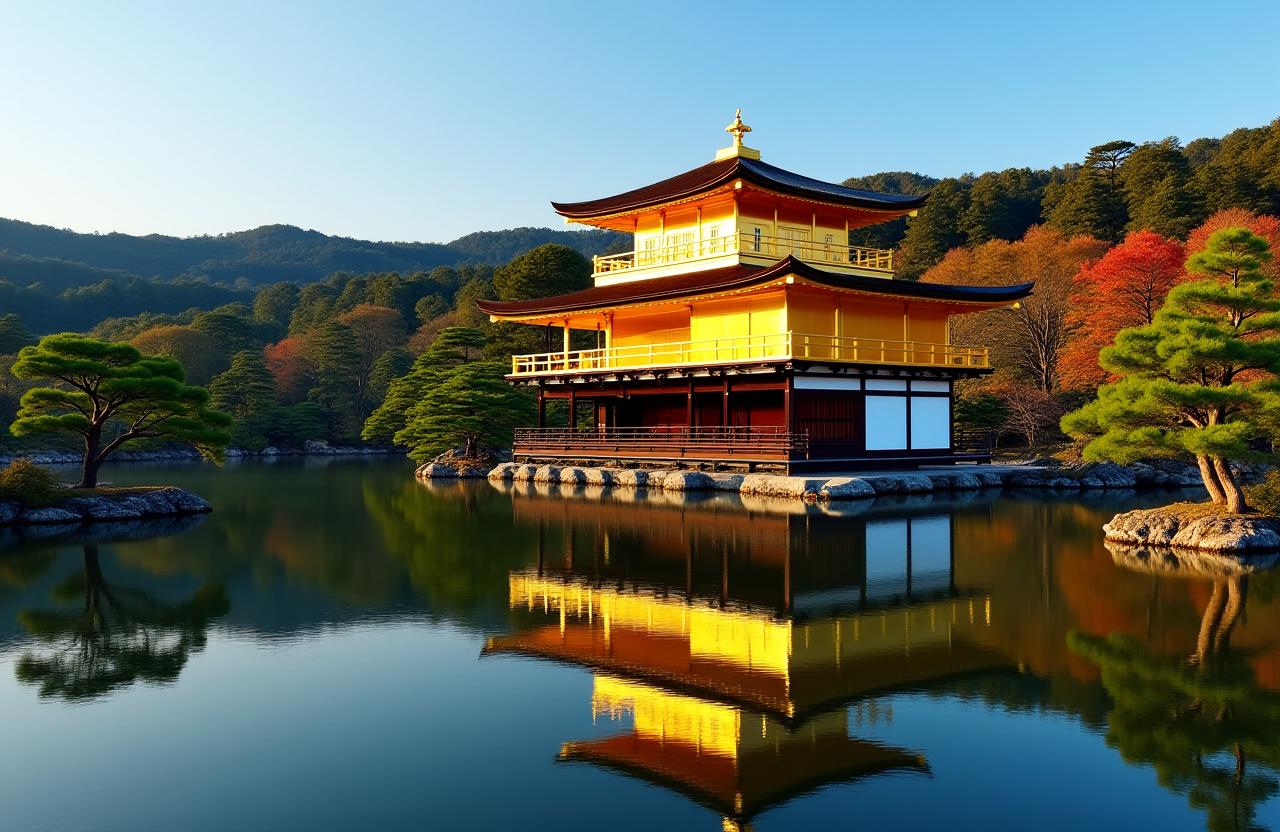 The Golden Pavilion (Kinkaku-ji) reflected perfectly in the surrounding pond during autumn.